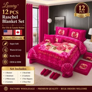 Luxury 12PCS Raschel Velvet Blanket Set with Curtains Winter Warm Bedding Set for USA Canada Market