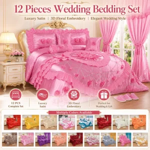 Luxury 12PCS Satin Wedding Bedding Set Royal Embroidered Comforter Set for Home Bedroom Decoration