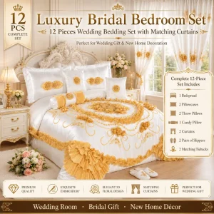 Luxury 12Piece Satin Wedding Bedding Set with Curtains Wedding Gift Set