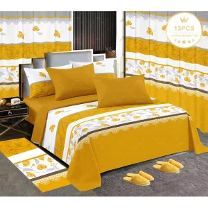 Luxury 13 Piece Sheet Collections King Size Bed Sheets Set with Carpet Slippers Printed Curtain Bedding Set