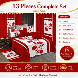Luxury 13 Pieces King Size Bed Sheet Set Bedroom and Bathroom Bedding Set with Matching Curtains