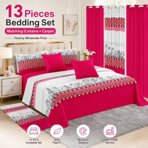 Luxury 13pcs Complete Bedding Set with Curtains and Floor Carpet