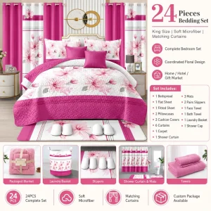Luxury 24 Pieces King Size Microfiber Quilted Bedding Set with Matching Curtains Bathroom Set