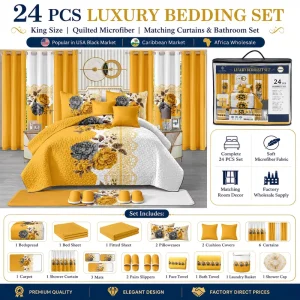 Luxury 24 Pieces King Size Microfiber Quilted Bedding Set with Matching Curtains and Bathroom Set