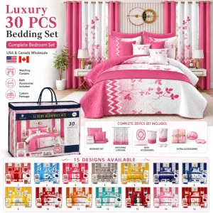 Luxury 30 Piece Bedroom Bedding Set With Curtains Bath Accessories and Slippers