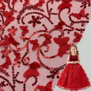 Luxury 3D Butterfly Sequin Embroidery Tulle Mesh Fabric for Children’s Party Dresses and Flower Girl Gowns 1.28m Width Red