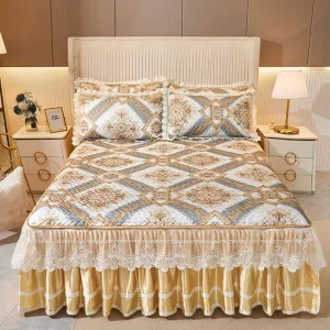 Luxury 3Pcs Bedsheet Lace Bed Skirt Ice Silk Mat Summer Cool Mat Bedding Set