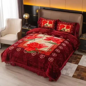 Luxury 4 Pc Modern Burgundy Korean King Size Winter Heavy Weight Embossed Raschel Plant Knitted Floral Customizable Comforter