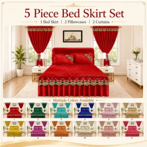 Luxury 5 Piece Bed Skirt Set with Matching Curtains King Size Quilted Bedding Set for USA Canada Market