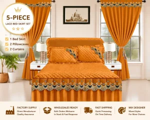 Luxury 5 Piece Bed Skirt Set with Matching Valance Curtains Ready Quilted Bedding Skirt Set in Stock