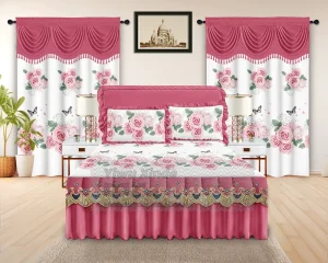 Luxury 5 Piece Bedding Set Floral Printed Quilted Bed Skirt with Curtains