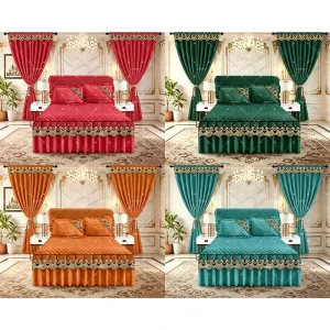 Luxury 5 Piece Bedding Set Quilted King Size Bed Skirt Lace Valance Curtain Pillowcases for Home Textile