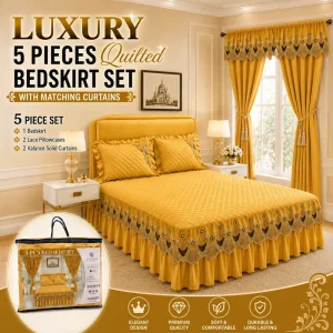 Luxury 5 Pieces Quilted Bedskirt Set with Matching Curtains Plain Color Bedding Set King Size