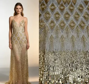 Luxury Art Deco Golden Radiant Rhinestone Mesh Fabric Long Hanging Fringe Sequins for Couture Red Carpet Prom Bridal Costume