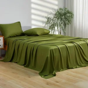 Luxury Bamboo Fiber Bedding Set 4 Piece Olive Green Bed Linen Flat Sheet Fitted Sheet 2 Pillowcases Full Size Plain Anti-Dust