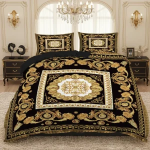Luxury Baroque Duvet Cover Set 3 Piece Black & Gold Vintage Floral Print Bedding Ultra Soft Microfiber Comforter Cover