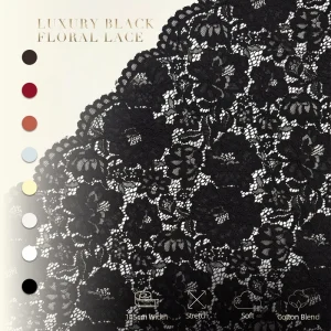 Luxury Black Floral Stretch Lace Fabric 145cm Cotton Scallop Edge Lace Fabric for Abaya Kaftan Vendor