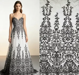 Luxury Black Vintage Baroque Floral Rhinestone Bead Embroidery Lace Fabric 100% Polyester Scalloped Edge Couture Gothic Bridal