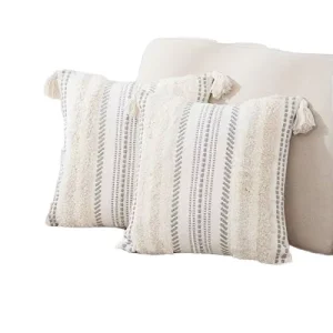 Luxury Boho Square Decorative Cushion Covers Set of 2 Tufted Tassel Woven Pillow Case for Sofa Couch 18X18 Inches