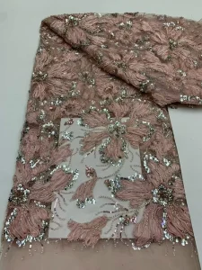 Luxury Breathable 100% Cotton Knitted Embroidery Sequin Net Lace Home Textile Fabric Floral with Beads