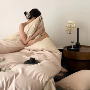 Luxury Brushed Cotton Duvet Cover Set 4PCS Color Blocked Soft Breathable Organic Eco Friendly Home