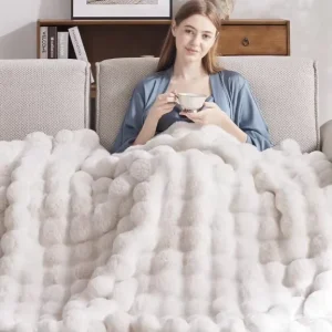 Luxury Bubble Faux Rabbit Fur Heated Throw Blanket Soft Plush Electric Blanket with Adjustable Temp Machine Washable for Home