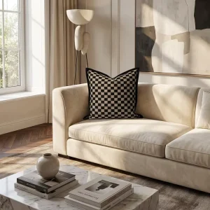 Luxury Checkerboard Cushion Cover Woven Jacquard Black & Cream Pillow with Velvet Border & Invisible Zipper (Customizable)