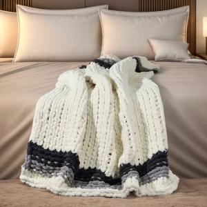 Luxury Chunky Knit Throw Blanket Black Grey White Warm Soft Cozy Eco friendly Machine Washable Sofa Bed Home Decor Gift
