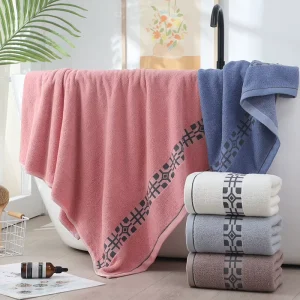Luxury Cotton Bath Towel Set Geometric Jacquard Border Super Absorbent Soft Plush Terry for Hotel Spa Bathroom Custom