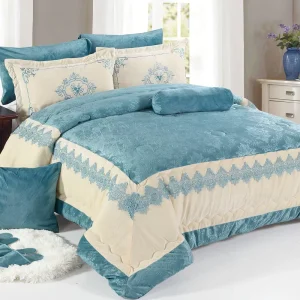 Luxury Crystal Velvet Bedding Set Geometric Patterns Lace Patchwork Blue Bedspread Embroidered Bedding Quilt Sets