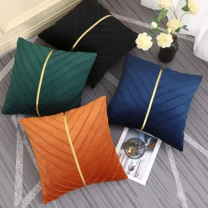 Luxury Cushion Covers Decorative Home Fluffy Square Pure Color Splice Gold Stripe Velvet Pillow Cushion Cover