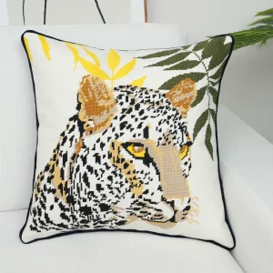 Luxury Custom Leopard Pattern Square Needlepoint Throw Pillow Embroidered Cushion Cover for Home Sofa and Hotel Decor
