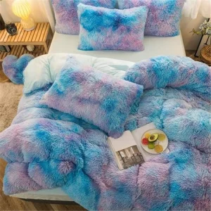 Luxury Design Tie Dye Faux Fur Fleece Bed Set Comforter Bed Sheet PV Fleece Velvet Set Plush Shaggy Duvet Cover Beddibg Set