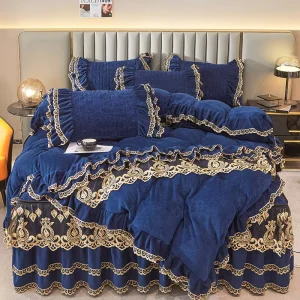 Luxury Detachable Bed Skirt 4 Piece Bedding Set Floral Lace Trim Winter Warm Queen King Size