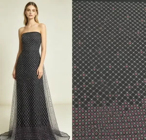 Luxury Diamond Lattice Mesh Fabric Hand Sewn Silver Line Crystal Rhinestone Embroidery Tulle for Couture Formal Maxi Dress