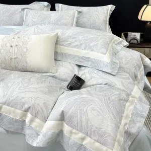Luxury Digital Printed Long Staple Cotton 4-Piece Bedding Set, 100% Pure Cotton Satin Duvet Cover Set with Marble Pattern