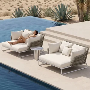 Luxury Double Rope Woven Outdoor Daybed Thick Cushion Pool Sunbed Aluminum Chaise Lounge for Resort