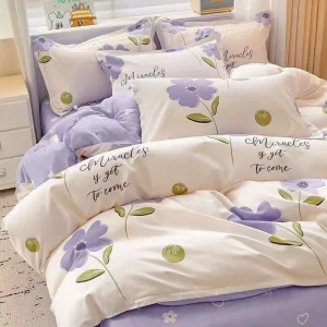 Luxury Duvet Cover and Bed Sheet Set With Quality Pillow Case for Home Use Purple Floral Cute 4 Pieces Bedding Set