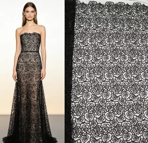 Luxury Embroidered All Rose Flower Rhinestone Mesh Lace Fabric Scalloped Edge Anti-static 100% Polyester Wedding Dress