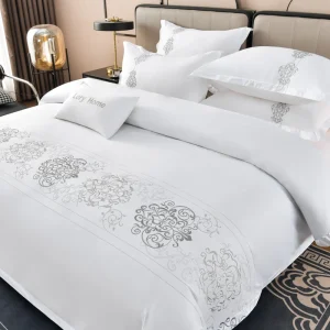 Luxury Embroidered Bedding Set 100% Cotton White Duvet Cover with Floral Scroll Pattern 4-Piece Bed Sheet Set Hotel Collection