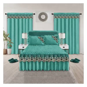 Luxury Embroidery Lace 9 PCS Bed Skirt Set Quilted Cotton Touch Bedding Set with Curtains Pillowcase