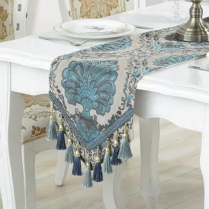 Luxury Ethnic Customizable Polyester Floral Print Jacquard Table Runner Elegant Vintage Tassel Decor for Home & Hotel Use