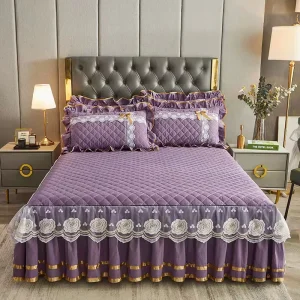 Luxury European Bed Skirt King Queen Size Lace Velvet Thickened Bedspread Bed Cover Bedding Set Home Textile