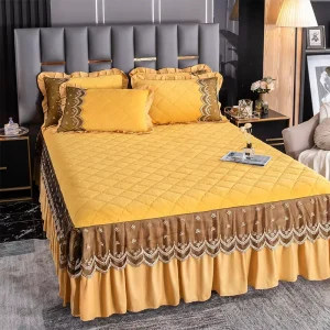 Luxury European Bed Skirt Plain Cotton Home Full Size Lace Velvet Thickened Bedspread Bed Cover Bedding Set