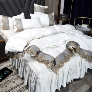 Luxury European Double Sided Washed Silk Lace Duvet Cover Bed Skirt Set