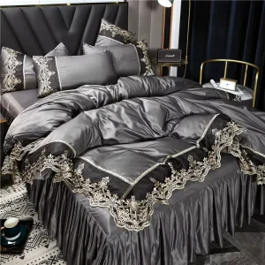 Luxury European Double Sided Washed Silk Lace Duvet Cover Bed Skirt Set