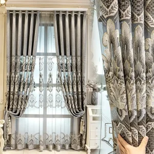 Luxury European Jacquard Embroidery Curtain Floral Elegant European Blue Chenille Curtains for Living Room