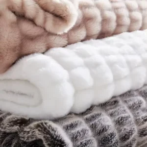 Luxury Faux Rabbit Fur Throw Blanket Ultra Soft Striped Plush Blanket for Sofa Bed