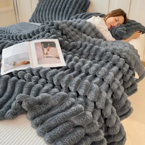 Luxury Flannel Throw Blanket Unique Manta Bubble Faux Bunny Fur Bedding Set Home Textile for Winter