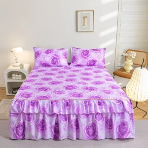 Luxury Floral Printed Bed Skirt Set Polyester Cotton Blend Bedspread Washable Bed Cover for Home